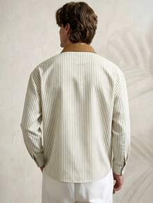 TONEVAULT Men's Colorblock Striped Patchwork Letter Print Single-Breasted Casual Fashion Shirt - Apricot - View 2