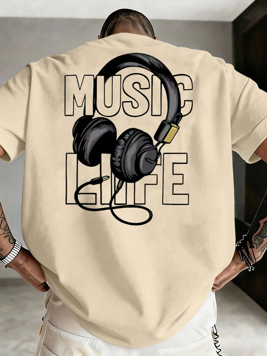 Manfinity Homme Men's Plus Size Beige Headphone Double-Sided Print Fitted T-Shirt, Suitable For Daily Wear And Gatherings Holiday Vacation Summer Streetwear - Apricot - View 1