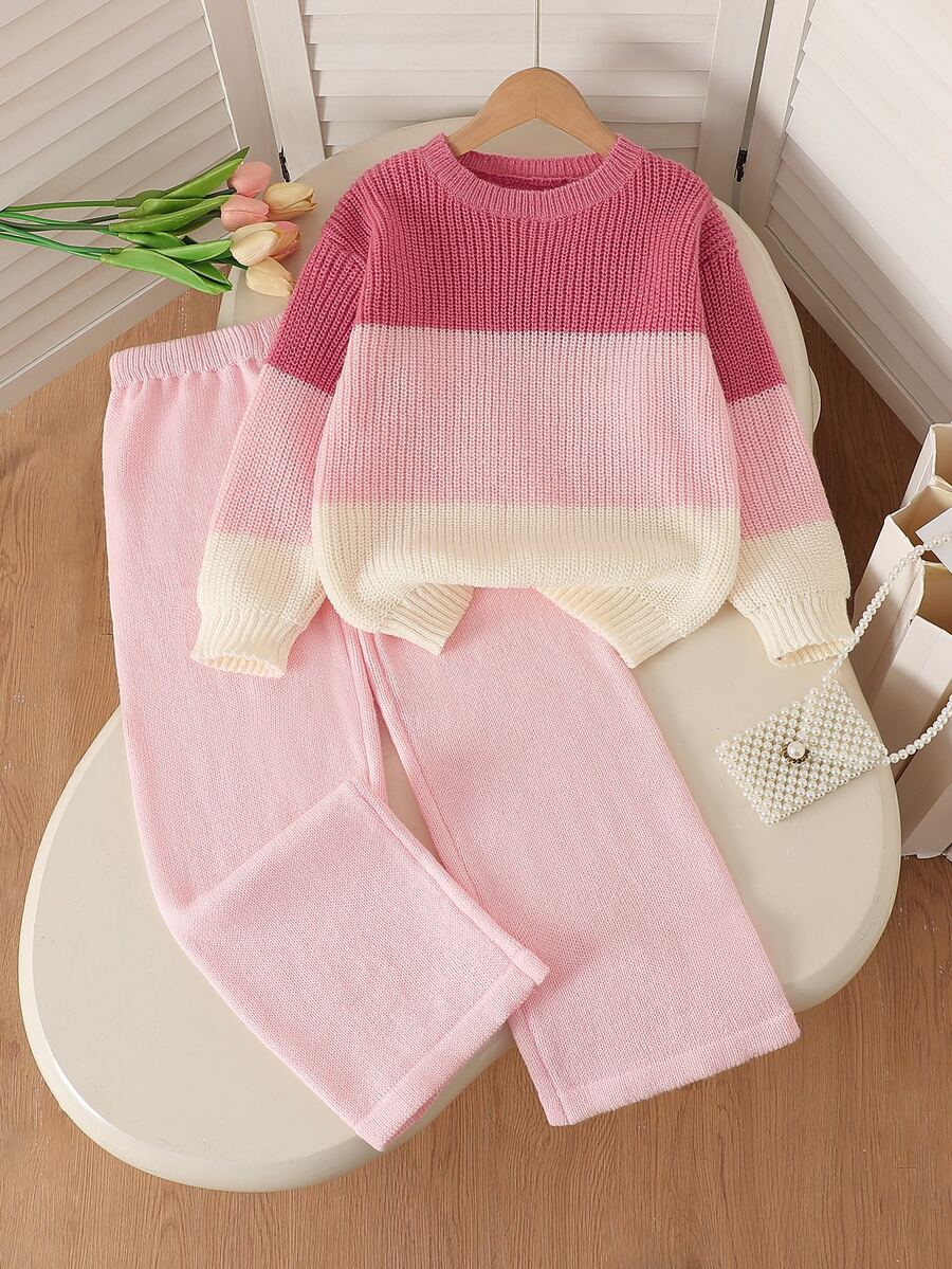 New Fashion Versatile Cute Girls Heart Bow Knitted Sweater Set - Pink - View 1