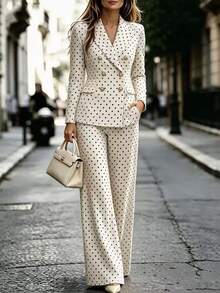 Penseblé Polka Dot Suit 2 Pieces Set, Matching Fabric Top And Bottom Design, Blending Professional Commuter Style With Retro Fashion. Suitable For Office Commute, Business Reception, And Casual Wear For Mature Women, Combining Formal And Looks. - Black and White - View 6
