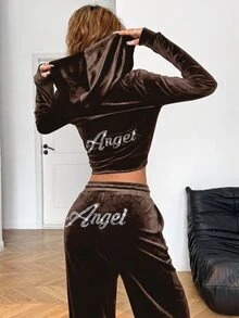 SHEIN EZwear 女款黑色天鵝絨水鑽裝飾連帽拉鍊上衣與口袋長褲休閒運動套裝，夏季穿搭，度假海灘風 - 棕色 - 查看 6