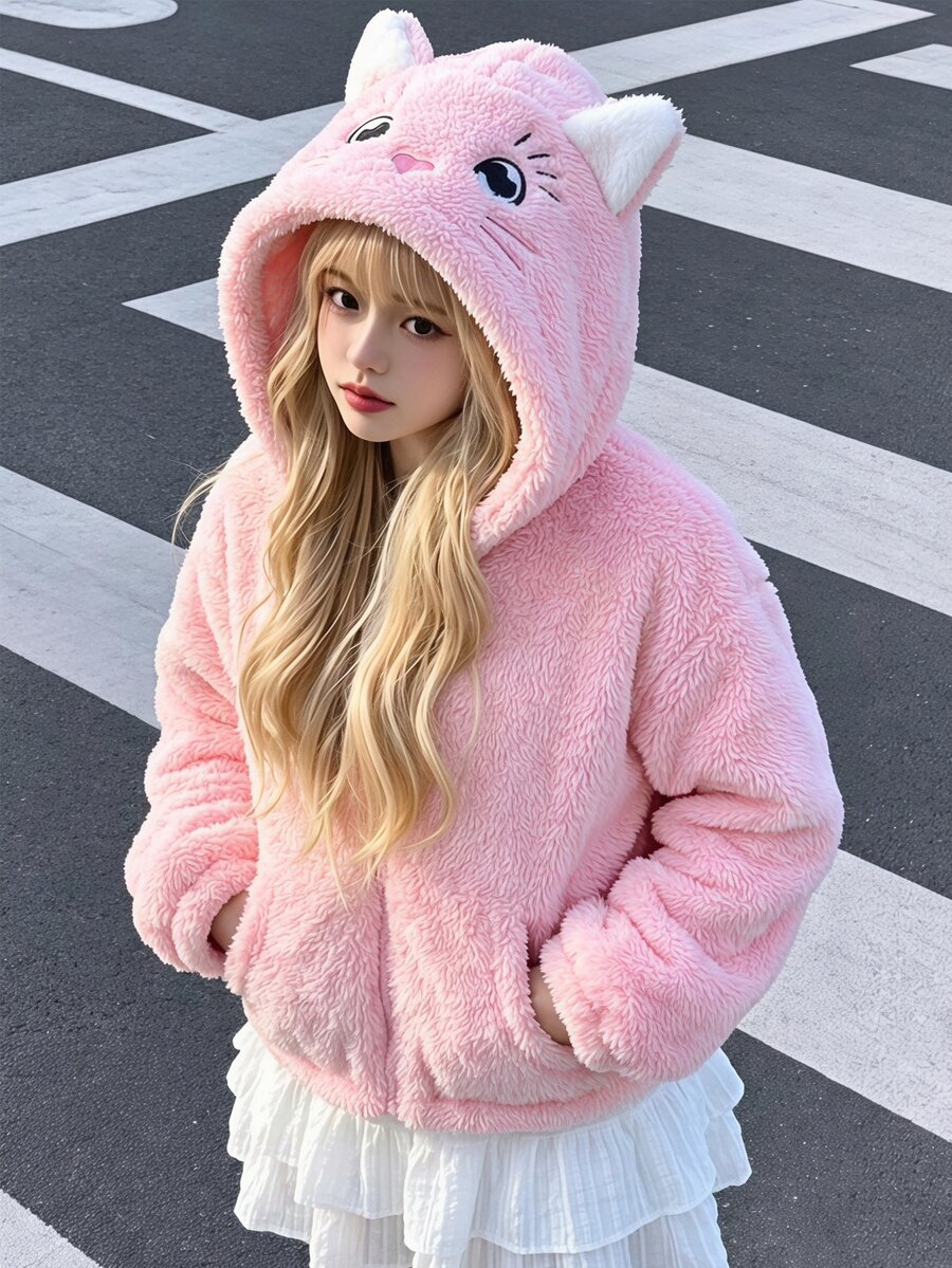 SHEIN Elladie kids 1件女款甜美風休閒Y2K可愛外套,校園休閒穿搭,秋冬3D貓咪刺繡連帽寬鬆抓絨夾克,學校健身房穿著,粉色 - 粉色 - 查看 1