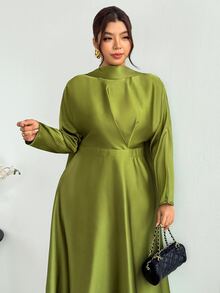 Firerie Plus Size Minimalist Satin Long Sleeve Fashion Dress - Olive Green - View 3