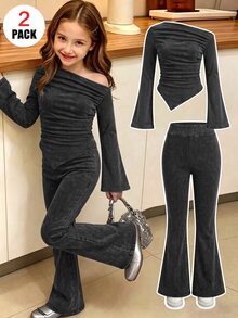 SHEIN Girls' Black Knit Denim Tween Girl Tween Girl Top And Flare Pants 2 Pieces Set - Black - View 1