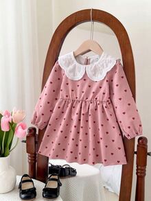 SHEIN Gaun Kasual Musim Panas Sehari-hari Berlipit Motif Hati untuk Bayi Perempuan - Berwarna merah muda - View 9