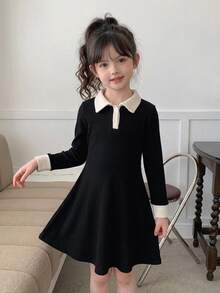 Dazy Kids 女童雙色針織領洋裝，休閒時尚創意個性清新可愛 - 黑色 - 查看 3