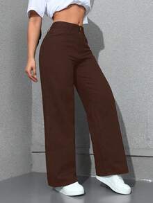 SHEIN Unity 大尺碼牛仔女郎套裝 黑色無彈力修身直筒牛仔褲 春季女裝 - 咖啡棕 - 查看 7