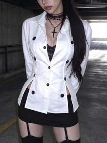 EgrlEra Vintage Retro Academy Casual Young Lady Daily Commute Shopping Date Afternoon Tea Photo Shoot Lapel V-Neck Open Front Long Sleeve Split Cuff Multi-Row Black Decorative Buttons Spring Autumn White Women's Jacket - White - View 5
