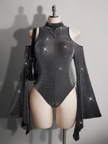 SHEIN ICON Plus Size Stand Collar Exaggerated Flare Sleeve Sheer Shiny Bodysuit, Music Festival Outfit, Party Winter - Silver - View 1