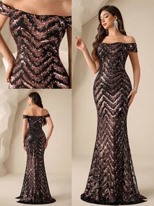 Coutiva Sequin Off-Shoulder Slit Elegant Evening Gown - Black Gold - View 4