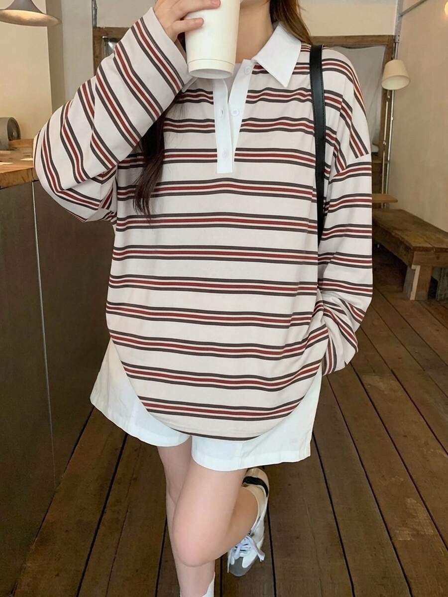 DAZY 女款條紋寬鬆版型半開襟鈕扣長袖T恤圖案印花可愛上衣大碼女式T恤 - 白色 - 查看 1