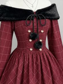 Elamini Women's Christmas Dress With Red Plaid Patchwork And Fur Collar - Red - View 8