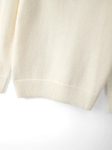 GlowEve CURVE Plus Size Women's Cream White Polo Collar Knit Sweater, Loose Soft Long Sleeve Base Layer, Half-Button Front With Pearl Floral Buttons, Commuter Slimming Flattering Solid Color Knit Top - White - View 3
