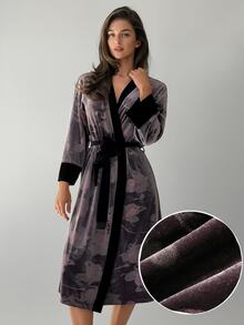 DAZY Women's Printed Pattern Robe With Belt, Comfortable Casual Loungewear - Purple - View 1