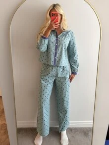 DAZY Women's 2 Pieces Pajama Set With Clover Pattern Lace Patchwork Single-Breasted Long Sleeve Top And Long Pants - Blue - View 10