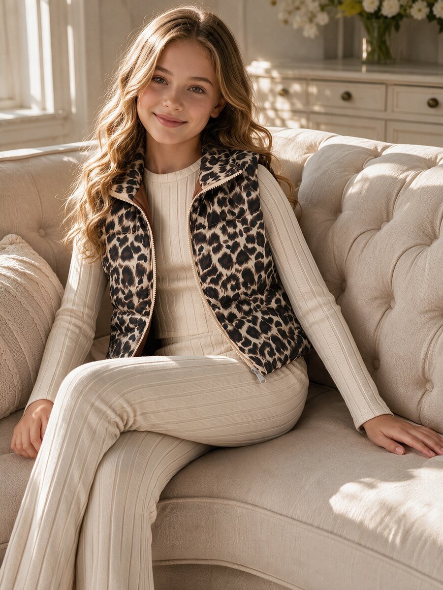 Tween Girl Long Sleeve Mini Knitted Black Coat Set Halloween Autumn Fall Style Fall Outfits - Apricot - View 1