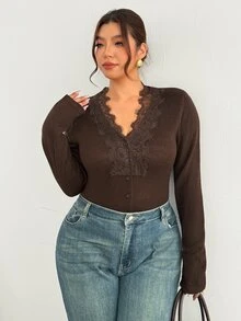 Firerie Plus Size V-Neck Lace Trim Long Sleeve Button Front Solid Color Cardigan - Brown - View 6