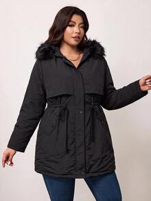 Enliva Plus Size Women's Faux Fur Hooded Water-Resistant Padded Coat Drawstring Waist Mid Length Warm Outerwear Flattering Compatible With Apple Shape Rounded Body - Black - View 9