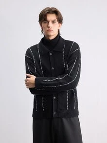 RONVEXI Men's Contrast Color Casual Versatile Daily Wear Cardigan - Black - View 4