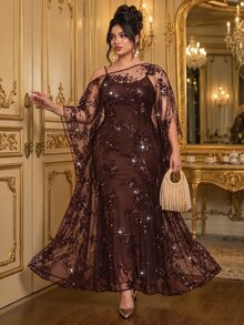 Roveilla Plus Size Woven Asymmetrical Shoulder Deep Brown Sequin Asymmetrical Ruched Casual Loose Party Dress For Commute And Multiple Occasions - Brown - View 5