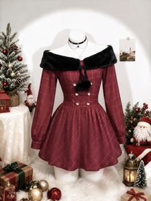 Elamini Women's Christmas Dress With Red Plaid Patchwork And Fur Collar - Red - View 4