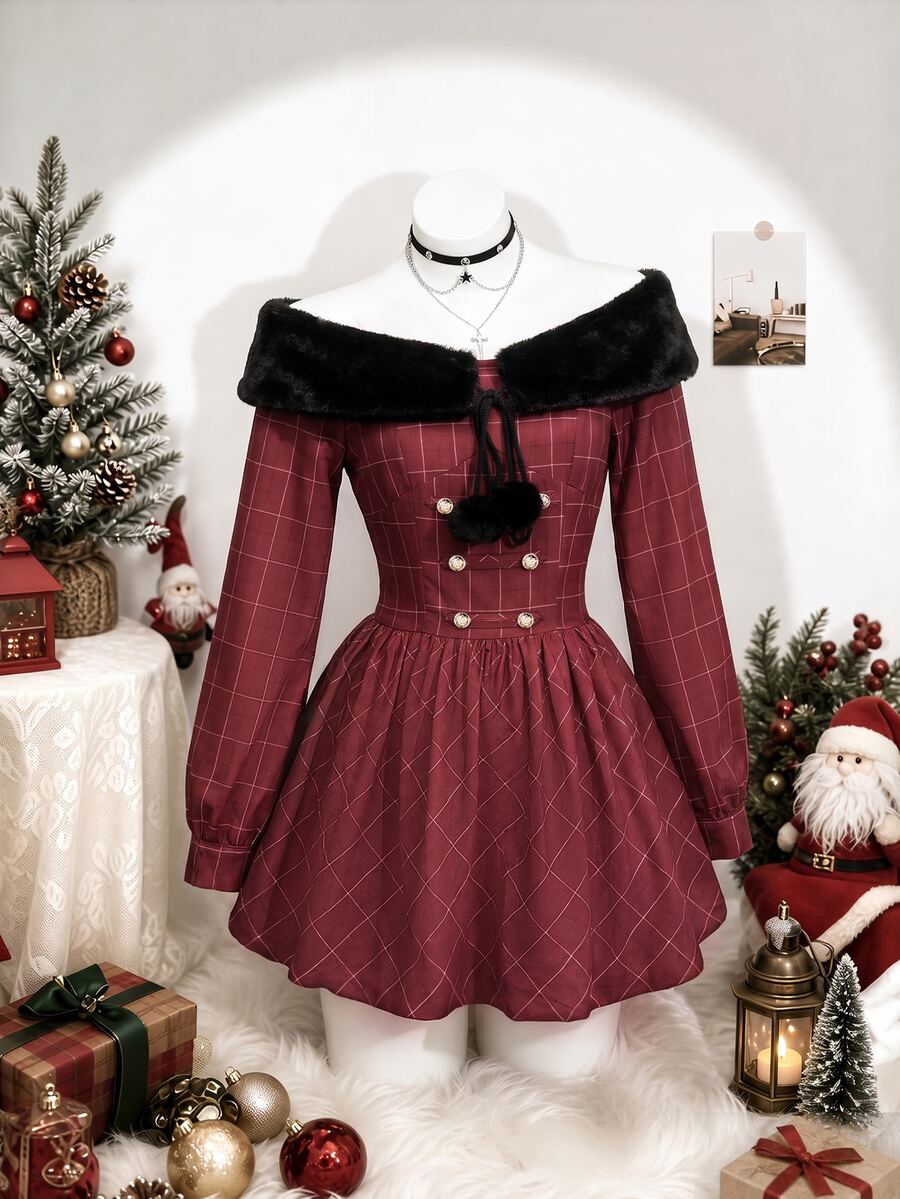 Elamini Women's Christmas Dress With Red Plaid Patchwork And Fur Collar