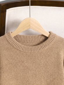 SHEIN Tween女孩秋冬休閒復古學院風卡其色落肩寬鬆針織長袖毛衣與長褲兩件套，適合時尚街頭穿搭與返校穿著 - 杏色 - 查看 9