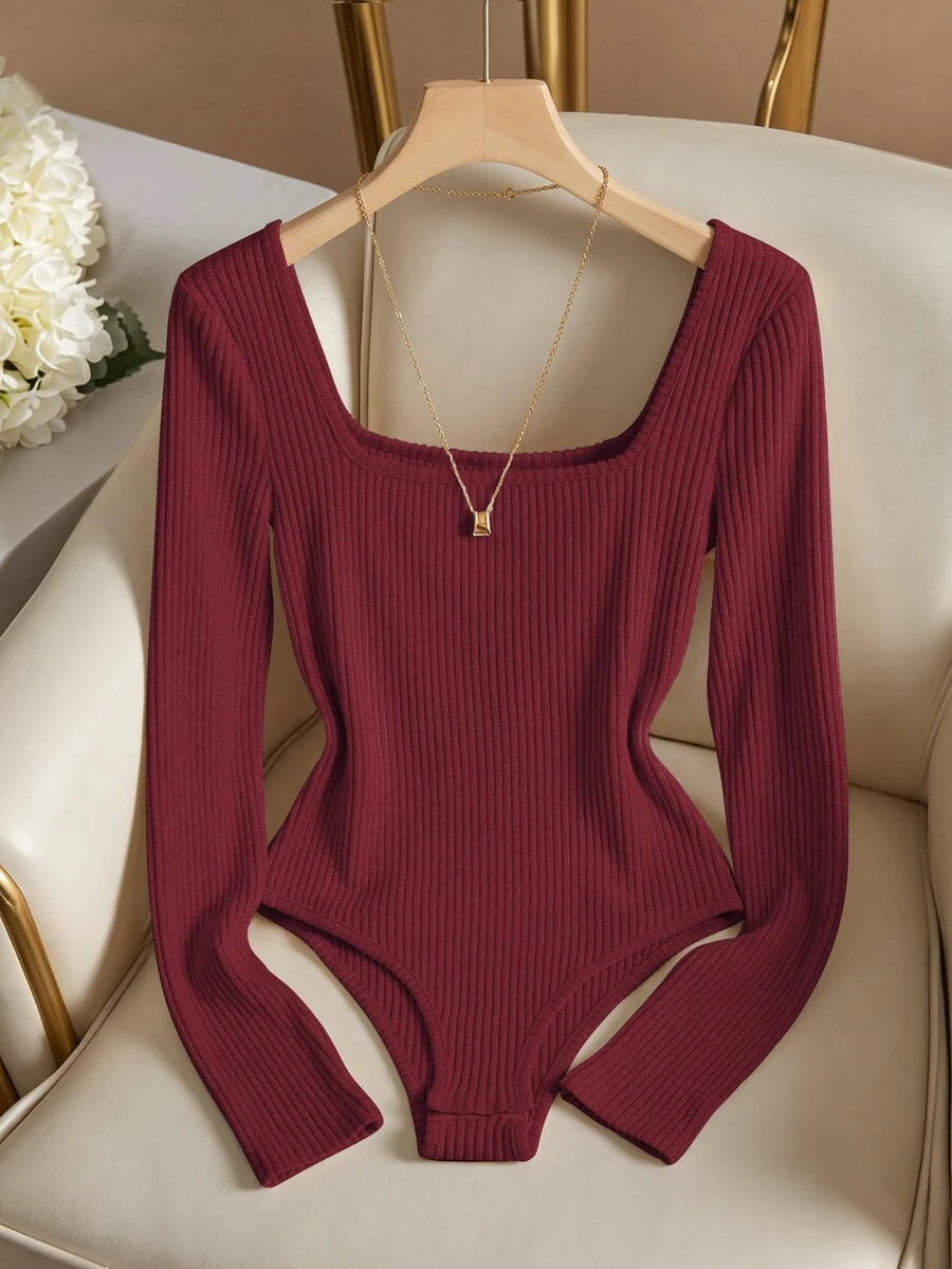 SHEIN LUNE Autumn‑Winter Women Solid Ribbed Square Neck Long‑Sleeve Bodysuit, Slim‑Fit Stretchy Knit Warm Versatile Layering Base Top - Burgundy - View 1