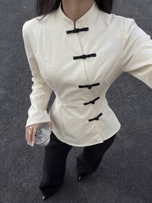 Modelyn Women's Chinese Style Stand Collar Black And White Checkered Contrast Color Frog Button Long Sleeve Shirt, Autumn Fall/Winter Brunch Elegant - White - View 9