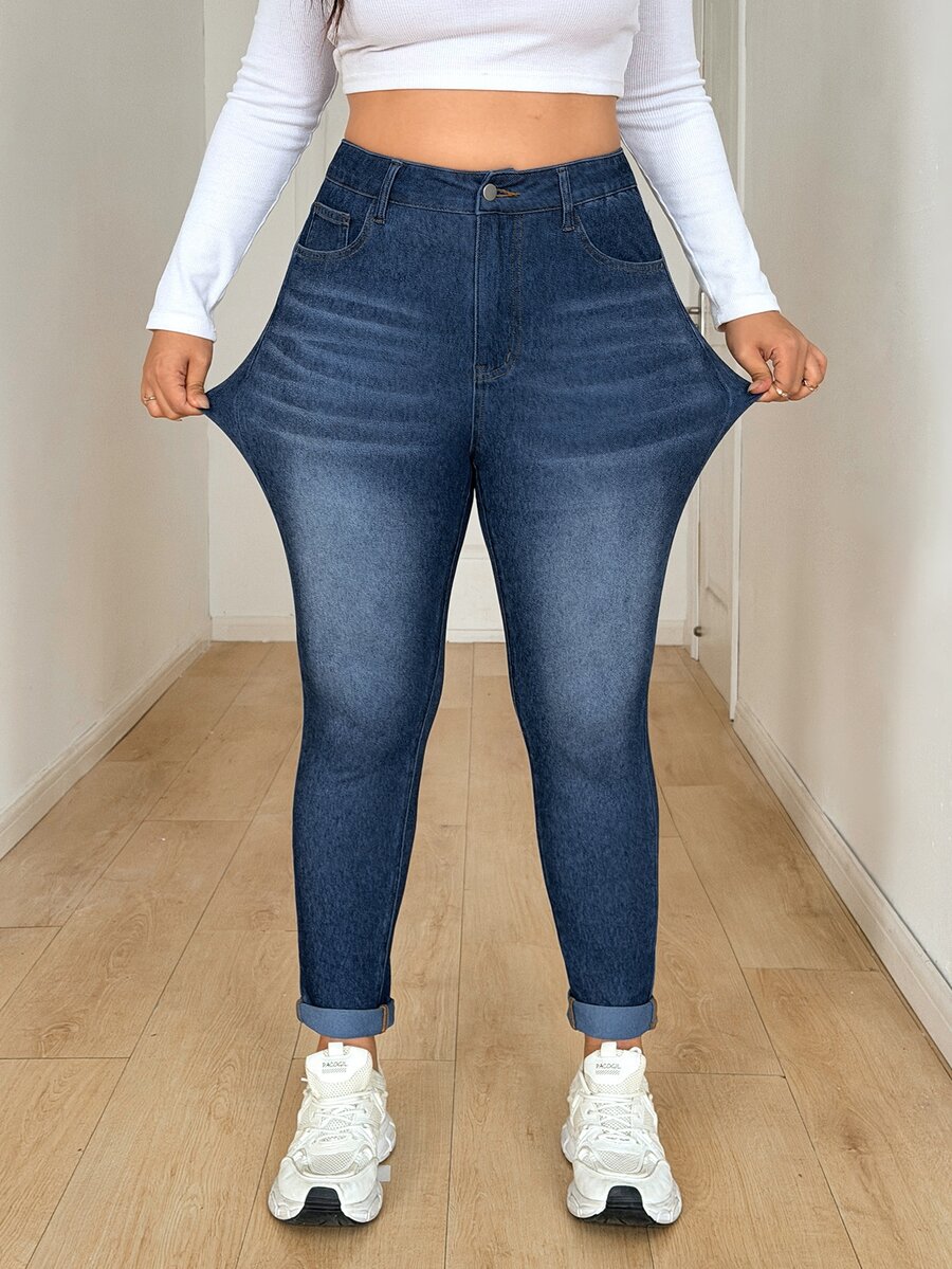 Flexra Festival Plus Size Women's Blue Stretch Skinny Cuffed Ankle-Length Jeans - Dark Wash - View 1