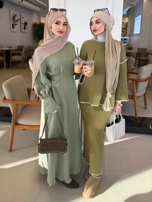 Solavon فستان عربي كاجوال للنساء بلون موحد وأكمام طويلة واسعة - أخضر - مشاهدة 2