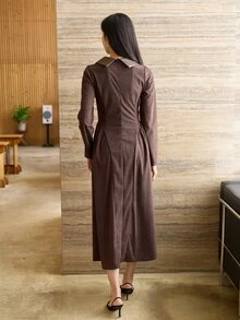 DAZY Women's Slim Fit Elegant Corduroy Mid-Length Dress - Brown - View 2