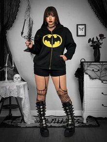 Whyspr BATMAN X SHEIN Plus Size Fashion Printed Colorblock Long Sleeve Sweatshirt - Black - View 5