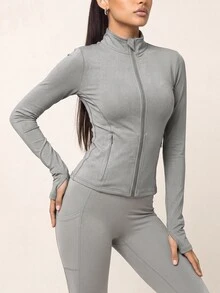SHEIN BAE Women's Solid Color Casual Daily Outdoor Sports Jacket - Light Grey - View 3