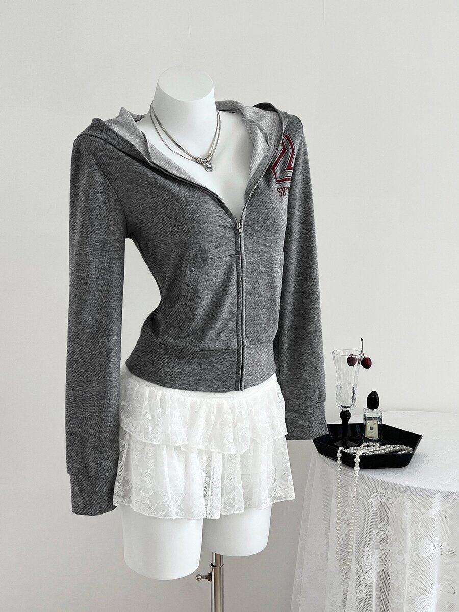 Elamini Women's Autumn Vintage Print Slim Fit Cinched Waist Hooded Cropped Sweatshirt - Grey - View 1