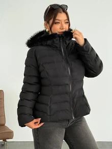 Firerie Plus Size Winter Faux Fur Hooded Jacket With Zipper And Cinching Waist - Black - View 6
