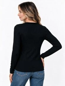 Dayvera Ribbed V-Neck Cardigan Long Sleeve Knit Top - Black - View 2