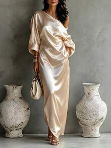 Vavine Women's Solid Color Long Sleeve Asymmetrical Shoulder Loose Elegant Dress - Apricot - View 1
