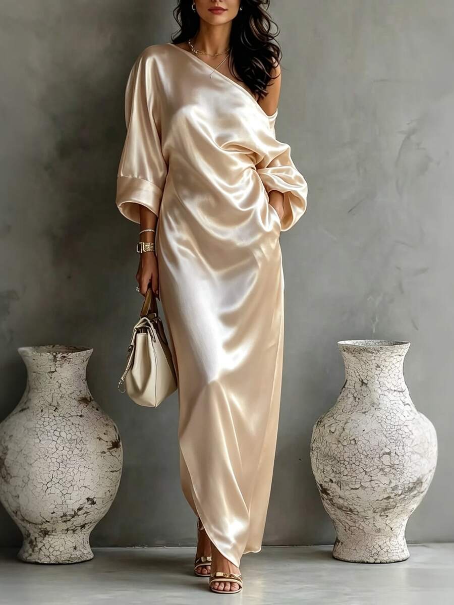 Vavine Women's Solid Color Long Sleeve Asymmetrical Shoulder Loose Elegant Dress - Apricot - View 1