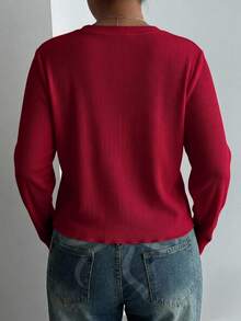 Livesso Solid Color Casual Traditional Half-Button Front Long Sleeve White T-Shirt, Blogger Style, Spring/Autumn New Arrival Formal Home Wear - Burgundy - View 2