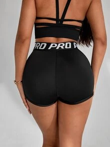 Slayform Women's Waist Letter Pattern Contrast Mesh Casual Versatile Sports Shorts - Black - View 2