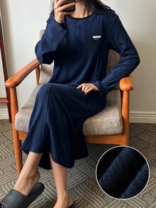 DAZY Autumn/Winter Brushed Fabric Letter Print Loose Fit Women's Loungewear Dress - Navy Blue - View 5
