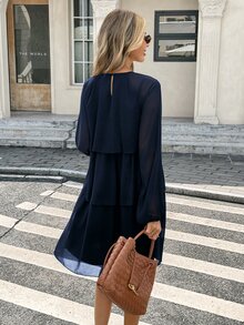 Serisse Women's Elegant Pleated Multi-Layer Ruched Long-Sleeved Dress For Autumn, Party Casual , Fall - Navy Blue - View 2