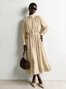 Aalyst Women's High Neck Shell Button Long Sleeve Dress - Khaki - View 6