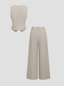 Sweetra Autumn Old Money Style Suit Set, Elegant Design V-Neck Sleeveless Blazer Vest Top Paired With Draped Wide Leg Straight Suit Pants - Khaki - View 2