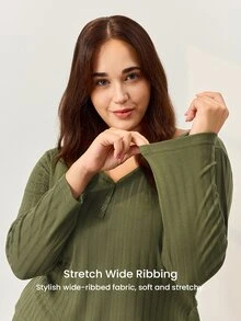 LUVLETTE Cloud Soft Bộ đồ mặc nhà nữ size lớn màu xanh ô liu mùa thu, vải gân, cài nút trước, ống rộng, cổ chữ V, tay dài, đồ ngủ mặc nhà đang xu hướng - màu xanh lá - Xem 4