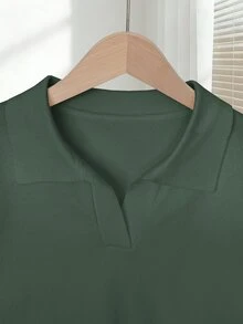 Franclia 女款夏季白色絲綢針織上衣，優雅傳統商務休閒辦公正式翻領短袖 Polo 襯衫，大尺碼簡約社交款 - 墨綠色 - 查看 3