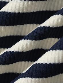 DAZY Women's Striped V-Neck Contrast Lace Hem Casual T-Shirt - Navy Blue - View 7