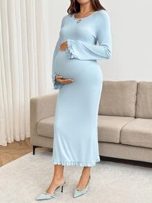 SHEIN Maternity Solid Color Round Neck Ruffle Hem Fashion Elastic Dress - Blue - View 1