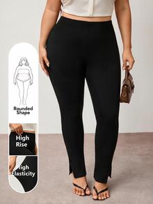 Enliva Legging Kasual Wanita Ukuran Besar Warna Polos, Legging Yoga Pinggang Tinggi, Bentuk Tubuh Apel dan Bulat - Hitam - View 1